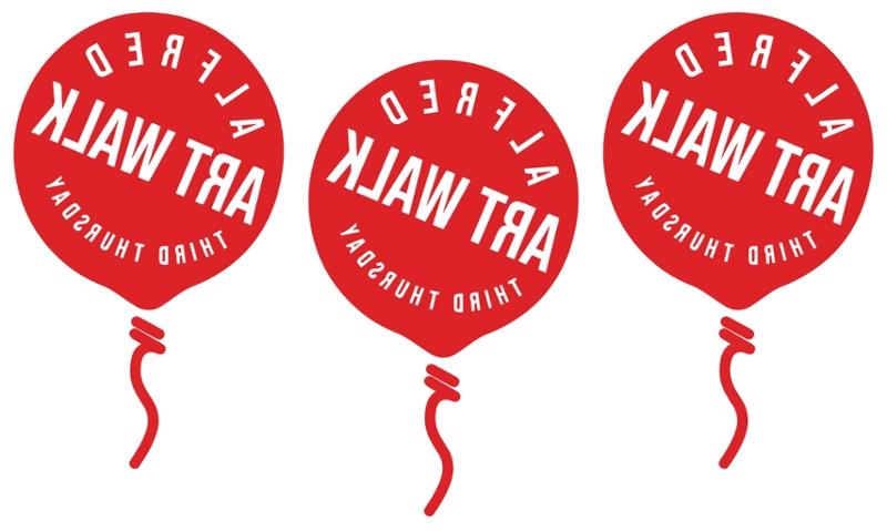 Three red balloons with "alfred art walk third Thursday" written inside